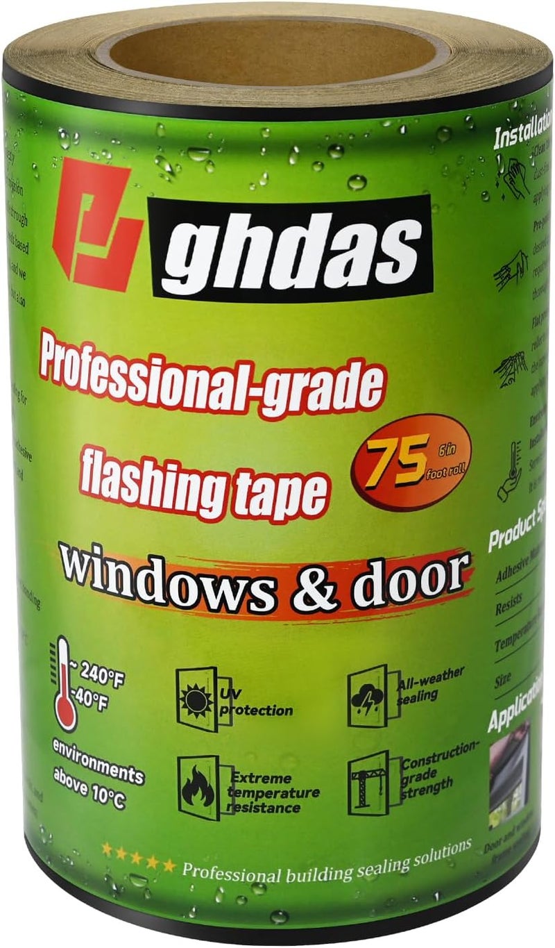 Bghdas Flashing Tape, 6" x 75', Industrial Strength for Windows, Doors, Weather-Resistant, UV-Resistant, Tear-Resistant, Advanced Acrylic Adhesive, Black - Image 1